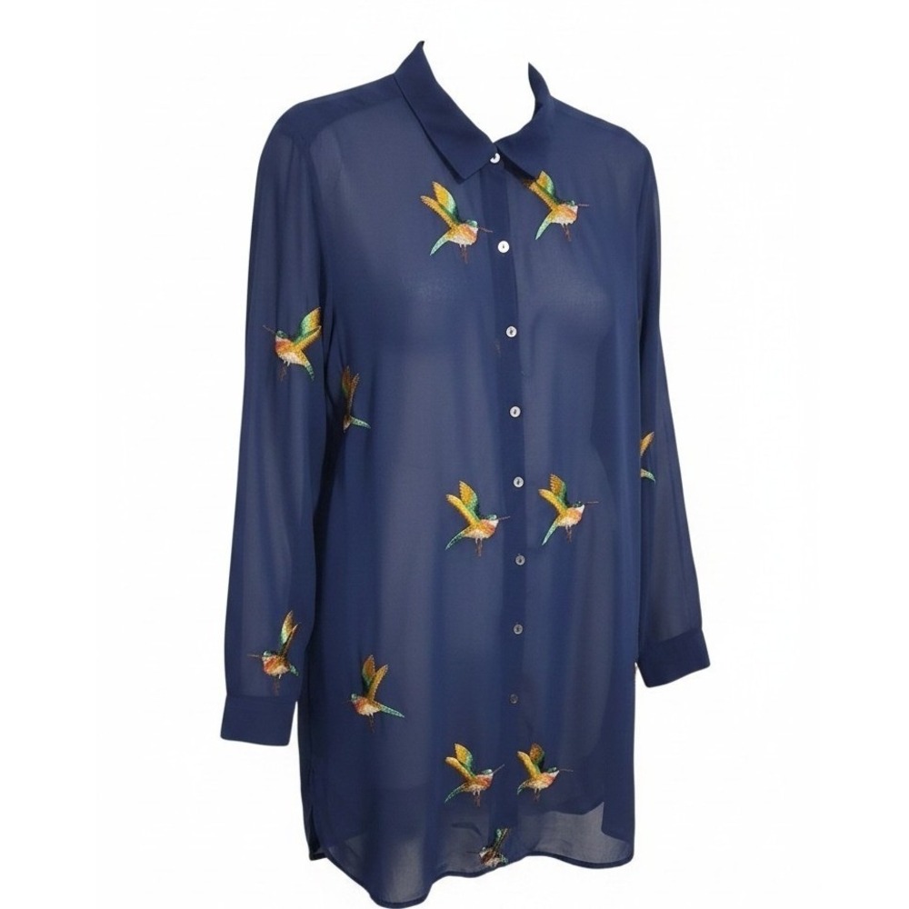 Women's size 2XL  Sheer Whimsical Embroidered Humming Birds Button Down Blouse